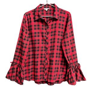 Beach Lunch Lounge SIZE L Red Black Plaid Ruffle Sleeve Button Shirt Top